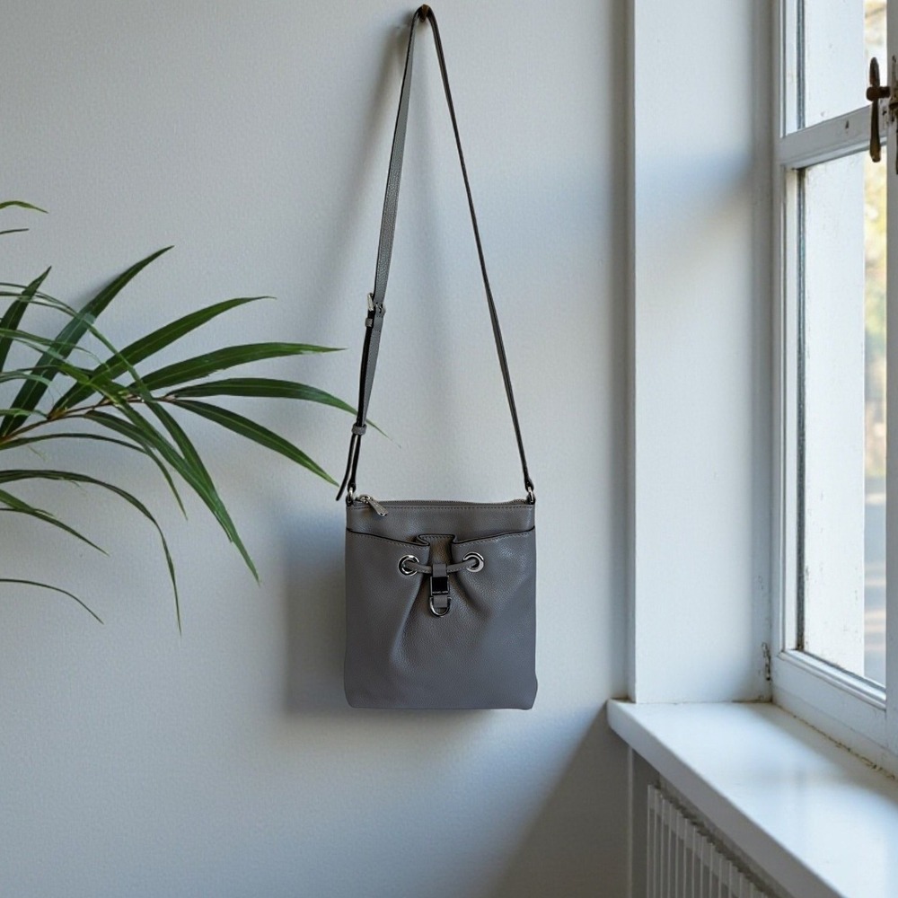 Michael Kors Medium Grey Pebble Leather Drawstring Crossbody Bag